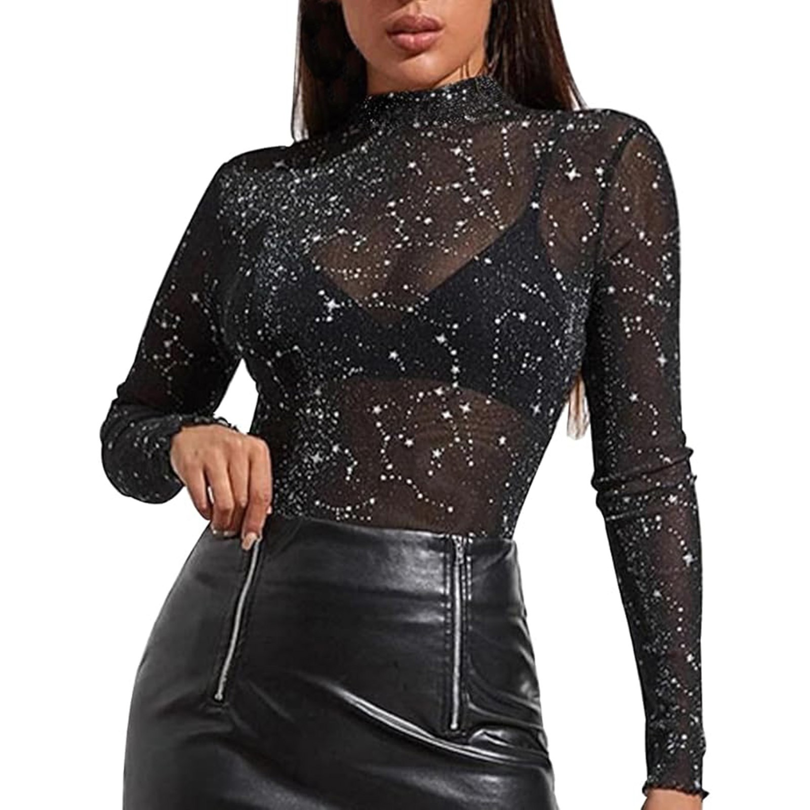 thumbnail image 2 of Blusa transparente de manga larga con malla brillante para mujer: top sexy transparente, cuello redondo, lavado a mano, 2 of 6